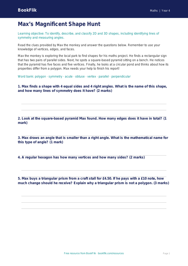 Free Shape Quiz | Year 4 Core | BookFlik worksheet preview — Maths Shape