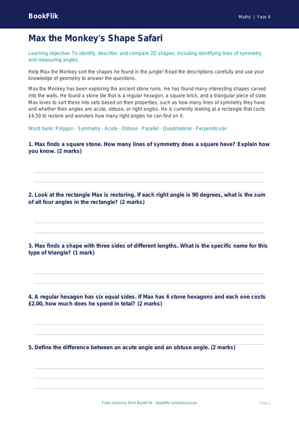 Free Shape Worksheet | Year 4 Core | BookFlik worksheet preview — Maths Shape