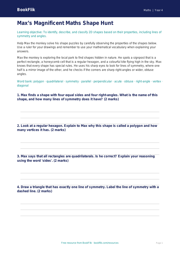 Free Shape Writing Frame | Year 4 Core | BookFlik worksheet preview — Maths Shape