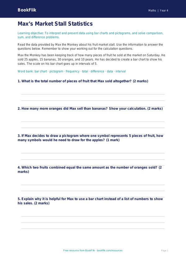 Free Statistics Activity Sheet | Year 4 Core | BookFlik worksheet preview — Maths Statistics