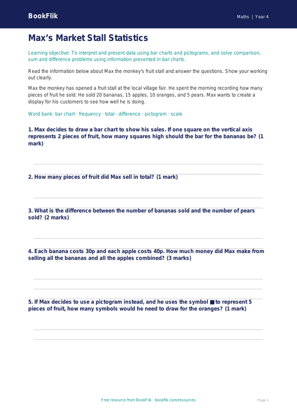 Free Statistics Assessment | Year 4 Core | BookFlik worksheet preview — Maths Statistics