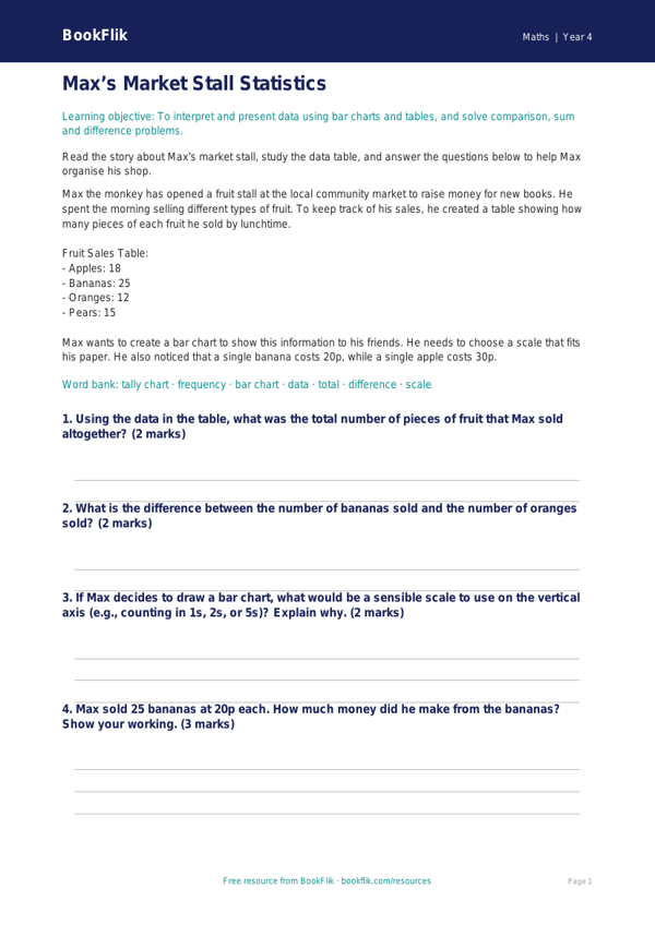 Free Statistics Comprehension | Year 4 Core | BookFlik worksheet preview — Maths Statistics
