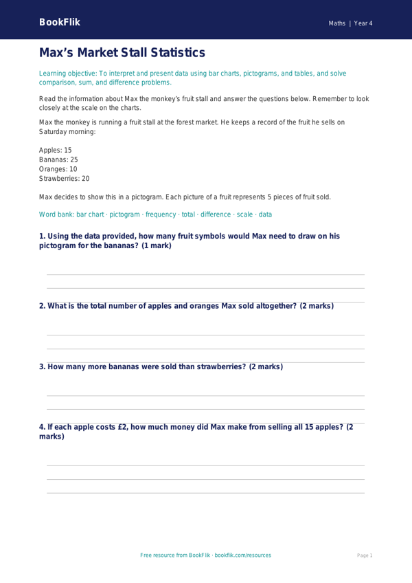Free Statistics Flashcards | Year 4 Core | BookFlik worksheet preview — Maths Statistics