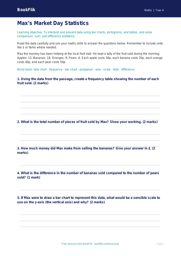 Free Statistics Quiz | Year 4 Core | BookFlik worksheet preview — Maths Statistics