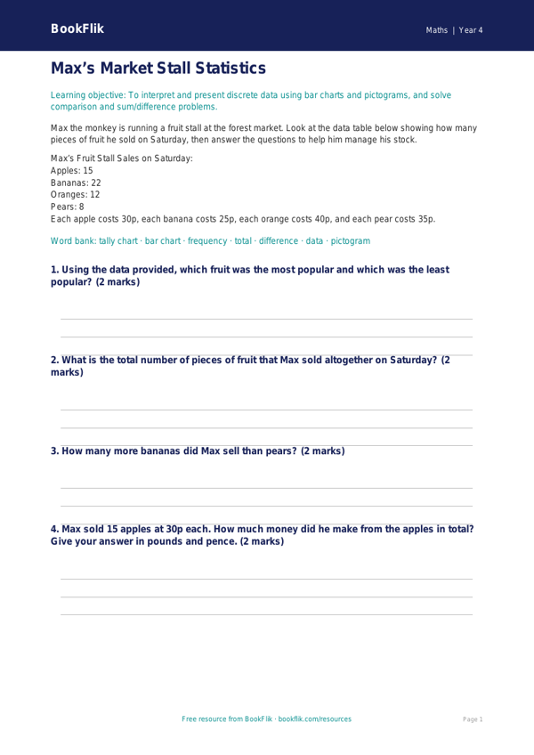 Free Statistics Template | Year 4 Core | BookFlik worksheet preview — Maths Statistics