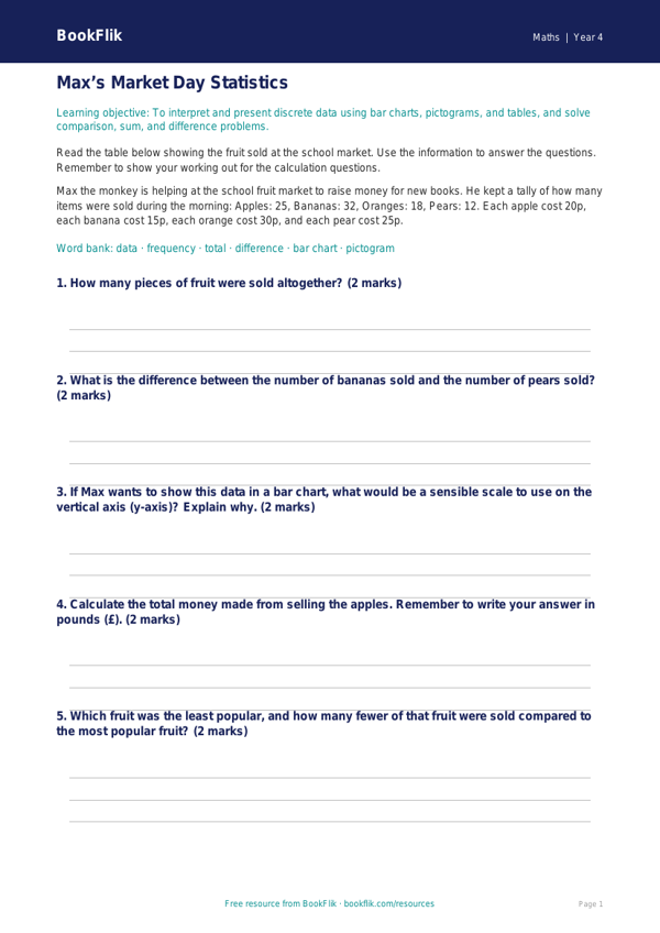 Free Statistics Track Sheet | Year 4 Core | BookFlik worksheet preview — Maths Statistics