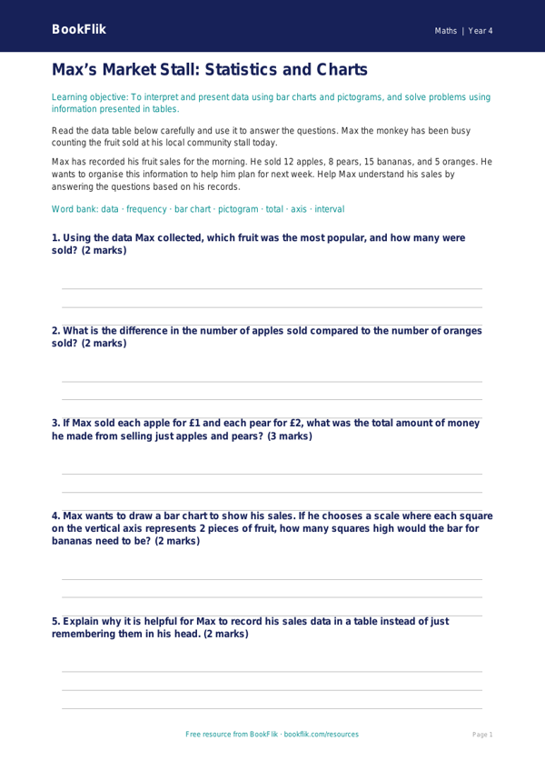 Free Statistics Worksheet | Year 4 Core | BookFlik worksheet preview — Maths Statistics