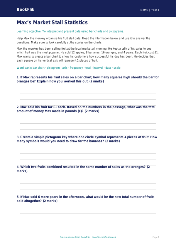 Free Statistics Writing Frame | Year 4 Core | BookFlik worksheet preview — Maths Statistics