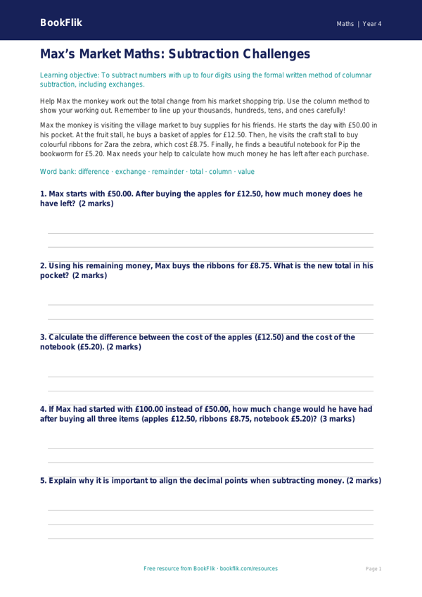 Free Subtraction Activity Sheet | Year 4 Core | BookFlik worksheet preview — Maths Subtraction