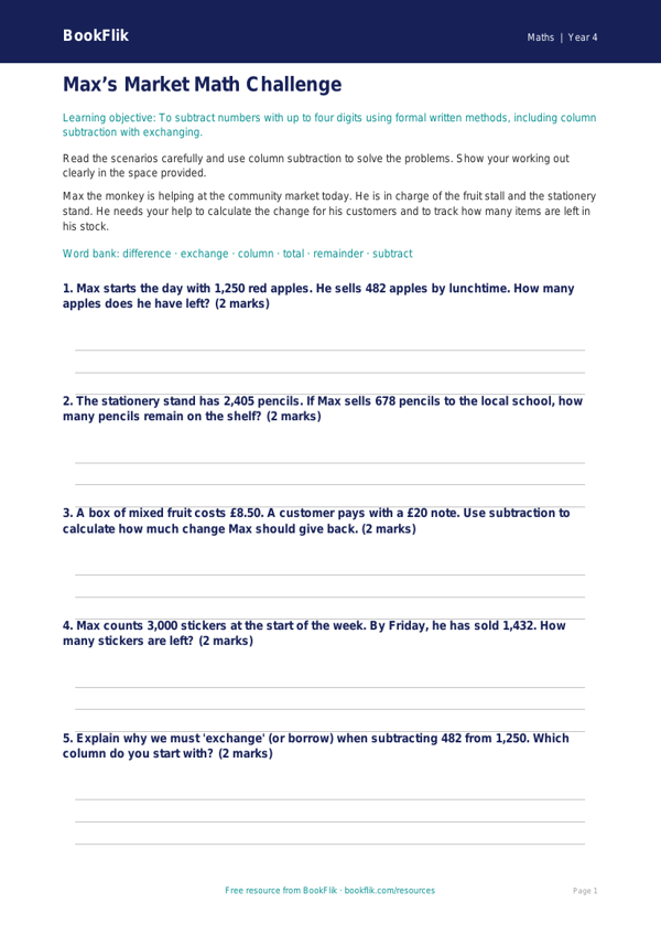 Free Subtraction Assessment | Year 4 Core | BookFlik worksheet preview — Maths Subtraction