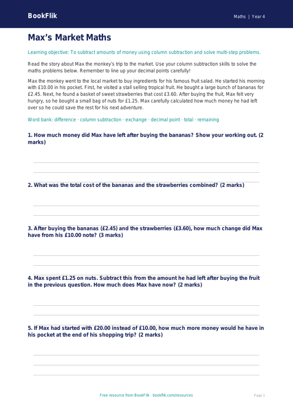 Free Subtraction Comprehension | Year 4 Core | BookFlik worksheet preview — Maths Subtraction