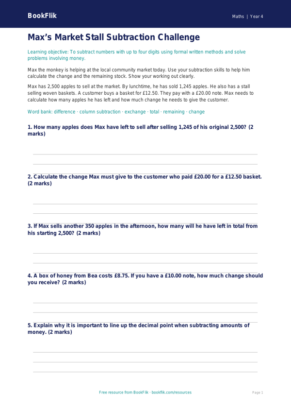 Free Subtraction Drawing Sheet | Year 4 Core | BookFlik worksheet preview — Maths Subtraction