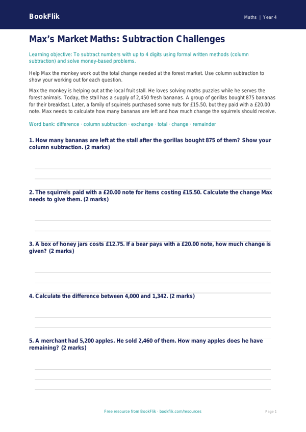 Free Subtraction Flashcards | Year 4 Math Practice | BookFlik worksheet preview — Maths Subtraction