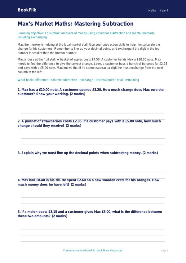 Free Subtraction Poster | Year 4 Core | BookFlik worksheet preview — Maths Subtraction