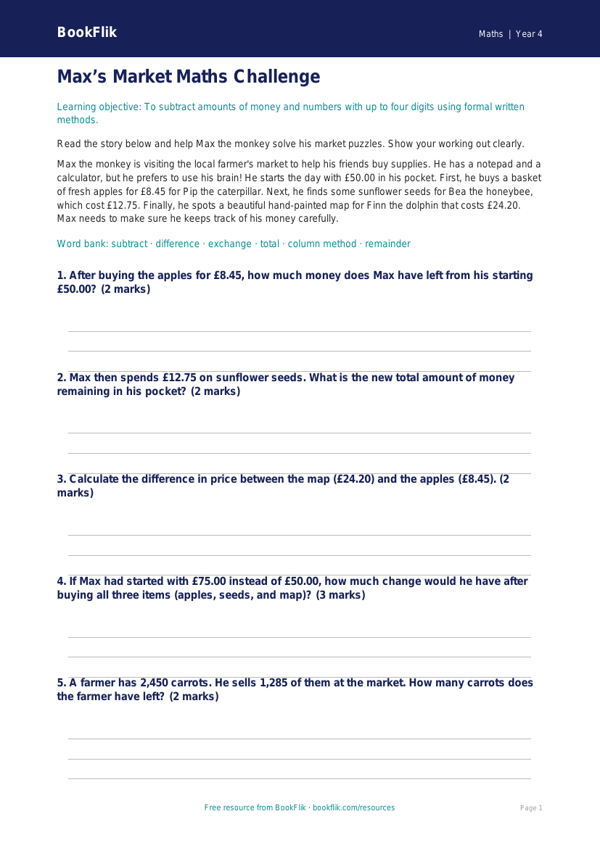 Free Subtraction Quiz | Year 4 Core | BookFlik worksheet preview — Maths Subtraction