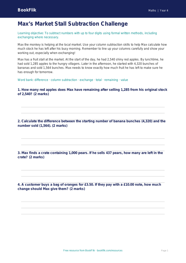 Free Subtraction Template | Year 4 Core | BookFlik worksheet preview — Maths Subtraction