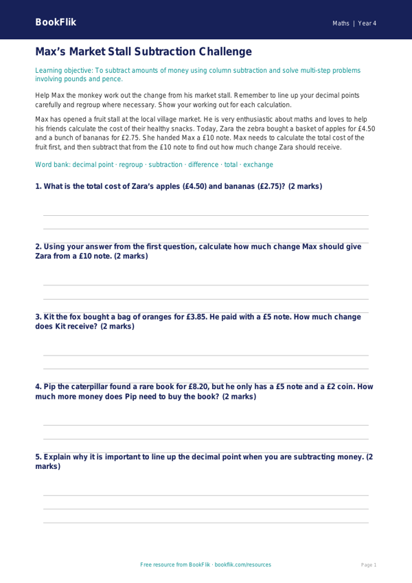 Free Subtraction Track Sheet | Year 4 Core | BookFlik worksheet preview — Maths Subtraction
