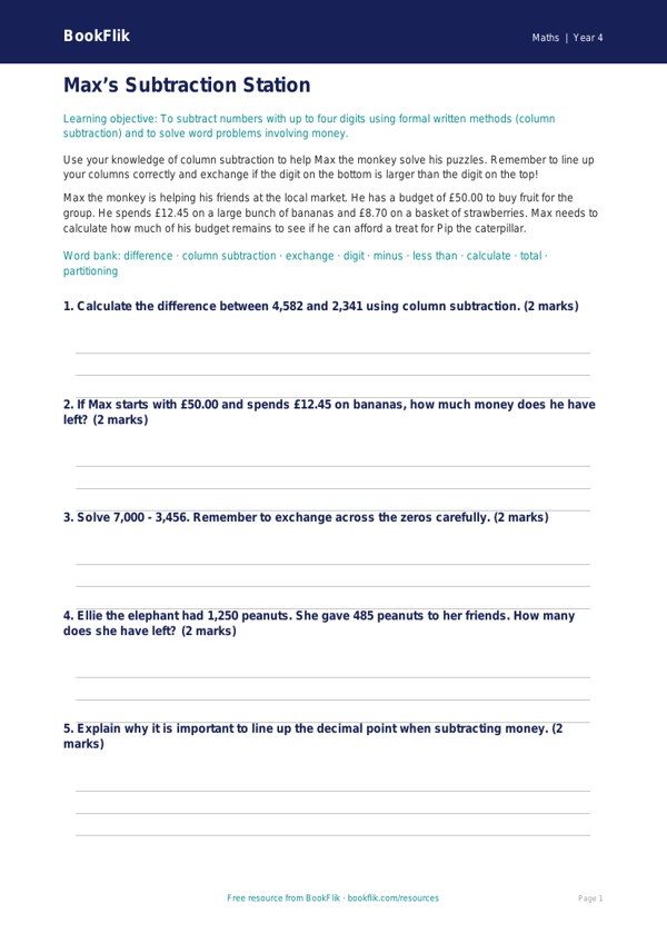 Free Subtraction Word Mat | Year 4 Core | BookFlik worksheet preview — Maths Subtraction