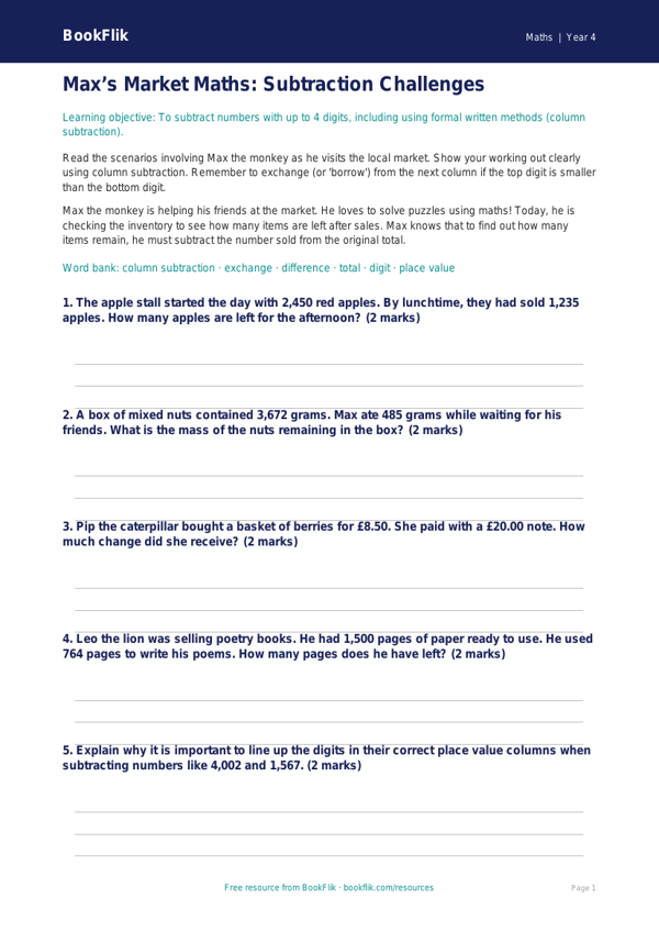 Free Subtraction Worksheet | Year 4 Core | BookFlik worksheet preview — Maths Subtraction