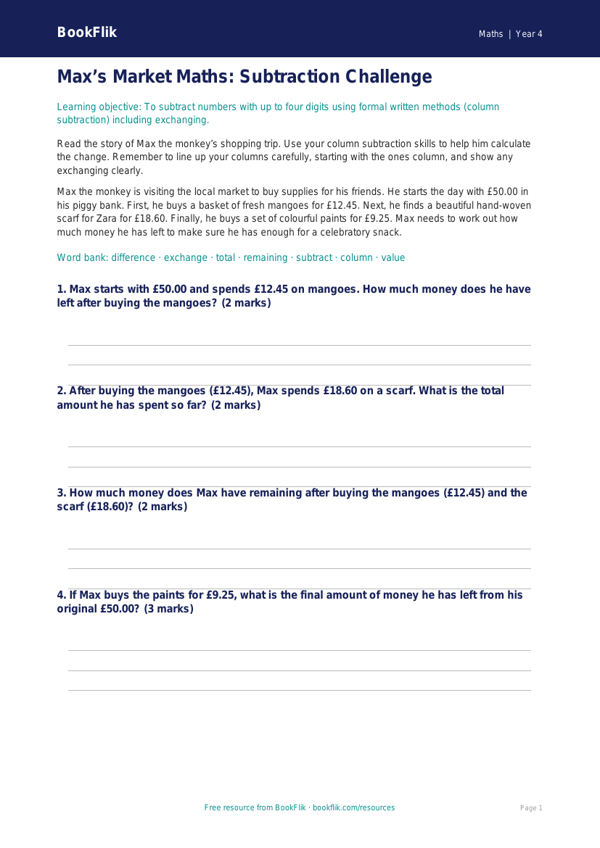 Free Subtraction Writing Frame | Year 4 Core | BookFlik worksheet preview — Maths Subtraction