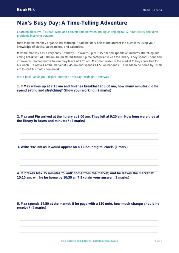 Free Time Activity Sheet | Year 4 Core | BookFlik worksheet preview — Maths Time