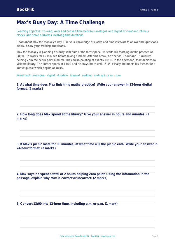 Free Time Assessment Worksheet | Year 4 Math | BookFlik worksheet preview — Maths Time
