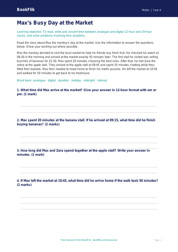 Free Time Comprehension Worksheet | Year 4 Core | BookFlik worksheet preview — Maths Time