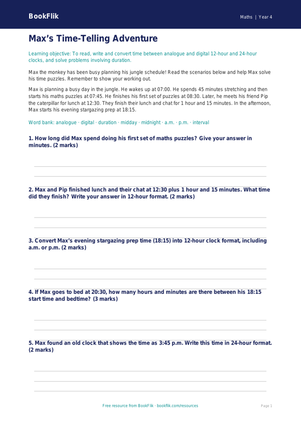 Free Time Flashcards | Year 4 Core | BookFlik worksheet preview — Maths Time