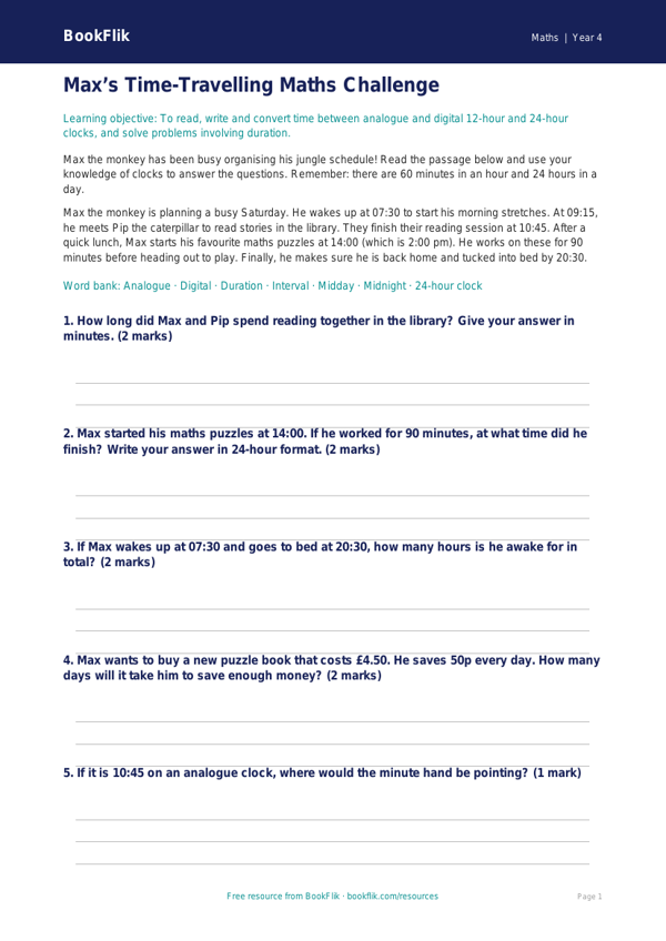 Free Time Poster Worksheet | Year 4 Core | BookFlik worksheet preview — Maths Time