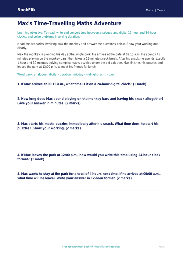 Free Time Quiz | Year 4 Core | BookFlik worksheet preview — Maths Time