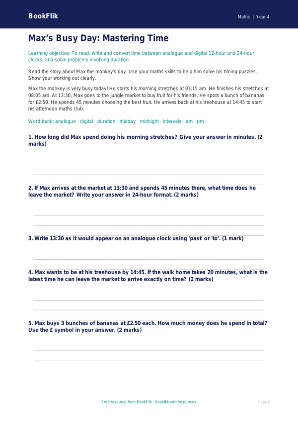 Free Time Template | Year 4 Core | BookFlik worksheet preview — Maths Time