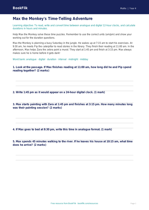 Free Time Track Sheet | Year 4 Core | BookFlik worksheet preview — Maths Time
