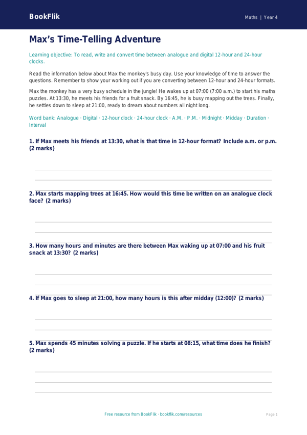 Free Time Word Mat | Year 4 Core | BookFlik worksheet preview — Maths Time
