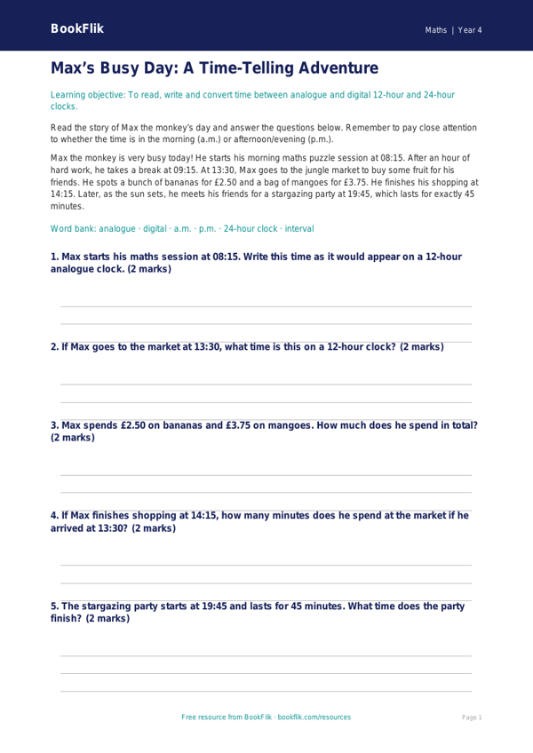 Free Time Worksheet | Year 4 Core | BookFlik worksheet preview — Maths Time