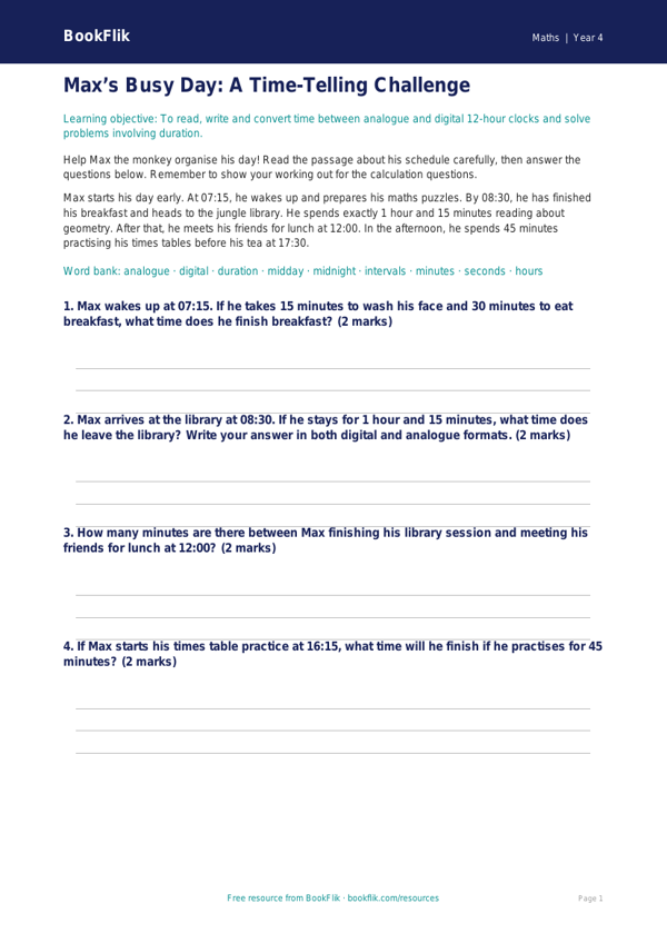Free Time Writing Frame | Year 4 Core | BookFlik worksheet preview — Maths Time