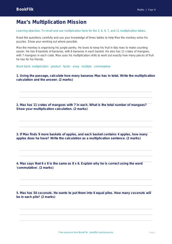 Free Times Tables Assessment | Year 4 Core | BookFlik worksheet preview — Maths Times Tables