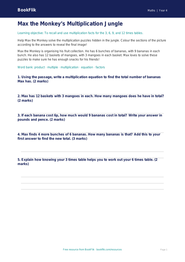 Free Times Tables Colouring Page | Year 4 Core | BookFlik worksheet preview — Maths Times Tables