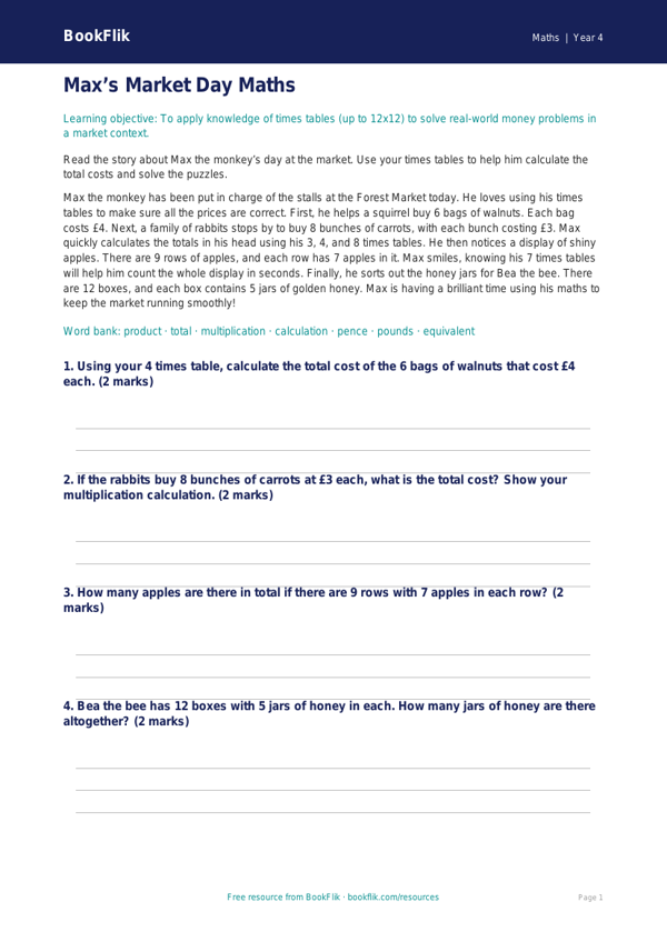 Free Times Tables Comprehension | Year 4 Core | BookFlik worksheet preview — Maths Times Tables