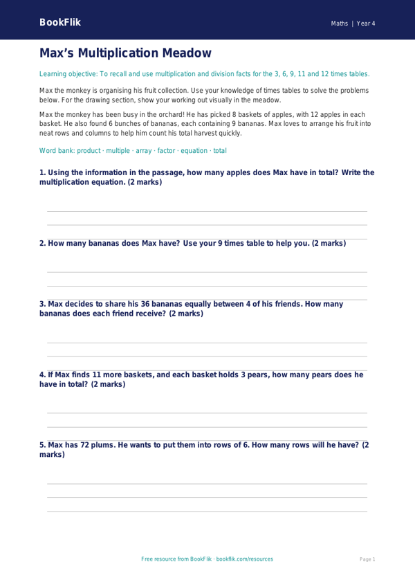 Free Times Tables Drawing Sheet | Year 4 Core | BookFlik worksheet preview — Maths Times Tables