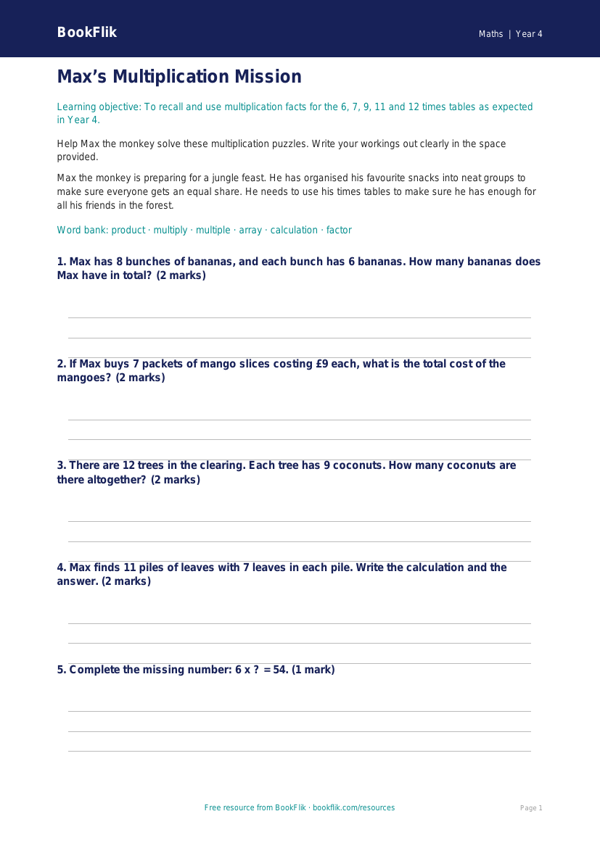 Free Times Tables Flashcards | Year 4 Core | BookFlik worksheet preview — Maths Times Tables