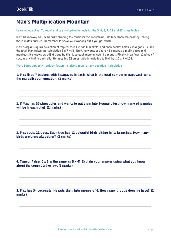 Free Times Tables Poster | Year 4 Core | BookFlik worksheet preview — Maths Times Tables