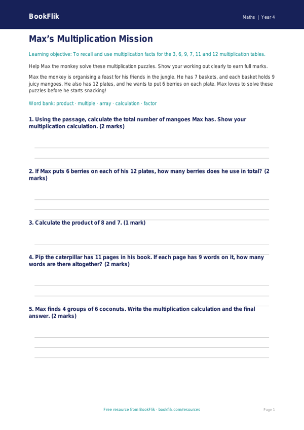 Free Times Tables Quiz | Year 4 Core | BookFlik worksheet preview — Maths Times Tables