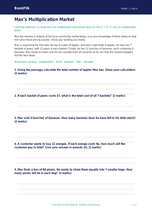 Free Times Tables Template | Year 4 Core | BookFlik worksheet preview — Maths Times Tables