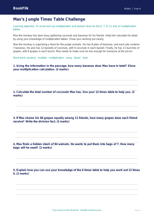 Free Times Tables Track Sheet | Year 4 Core | BookFlik worksheet preview — Maths Times Tables