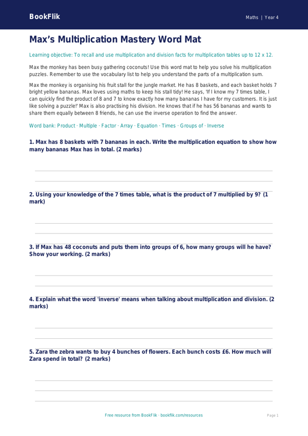 Free Times Tables Word Mat | Year 4 Core | BookFlik worksheet preview — Maths Times Tables