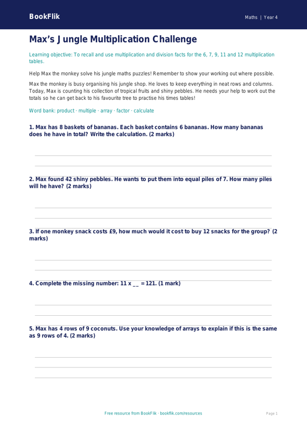 Free Times Tables Worksheet | Year 4 Core | BookFlik worksheet preview — Maths Times Tables