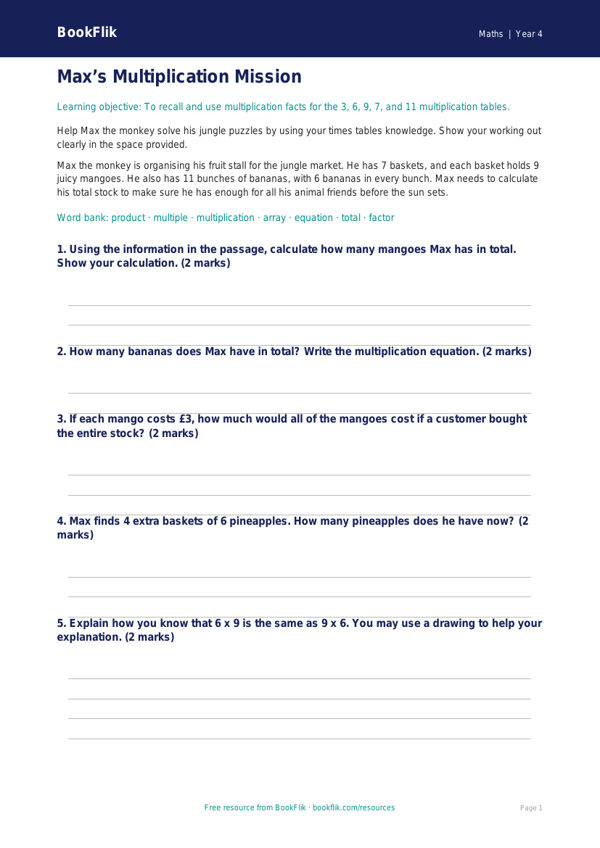 Free Times Tables Writing Frame | Year 4 Core | BookFlik worksheet preview — Maths Times Tables