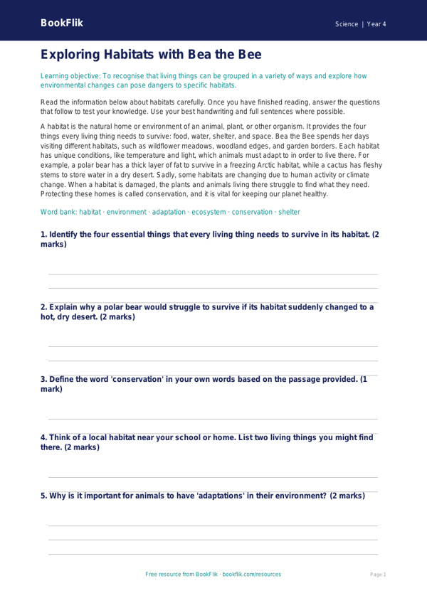 Free Habitats Activity Sheet | Year 4 Core | BookFlik worksheet preview — Science Habitats