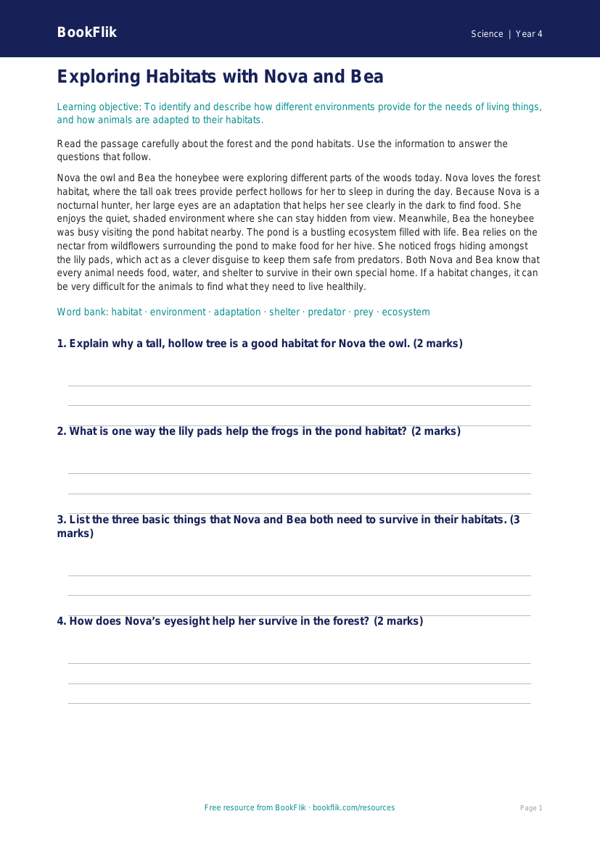 Free Habitats Comprehension | Year 4 Core | BookFlik worksheet preview — Science Habitats