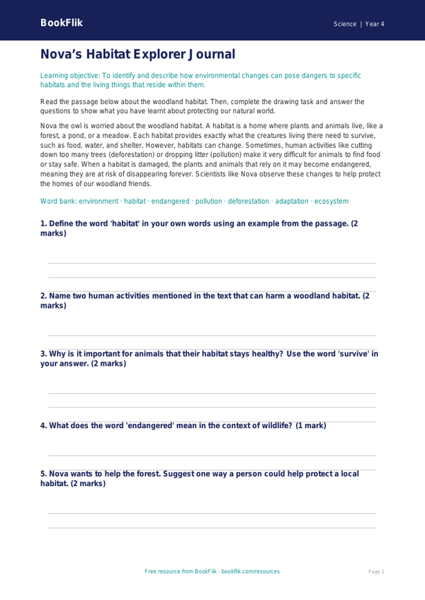 Free Habitats Drawing Sheet | Year 4 Core | BookFlik worksheet preview — Science Habitats